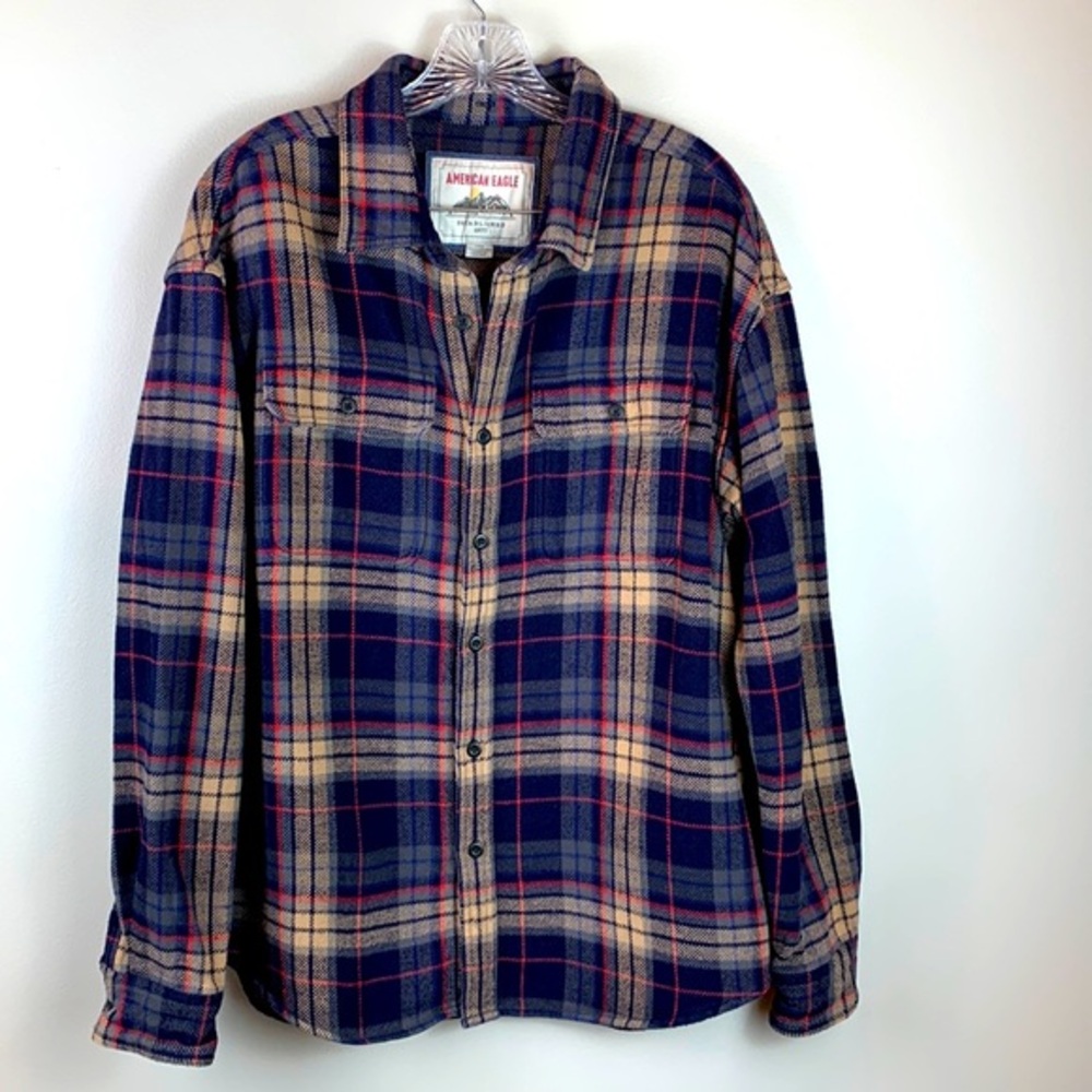 AE American Eagle Men's Plaid Long Sleeve Flannel With Detachable Hoodie